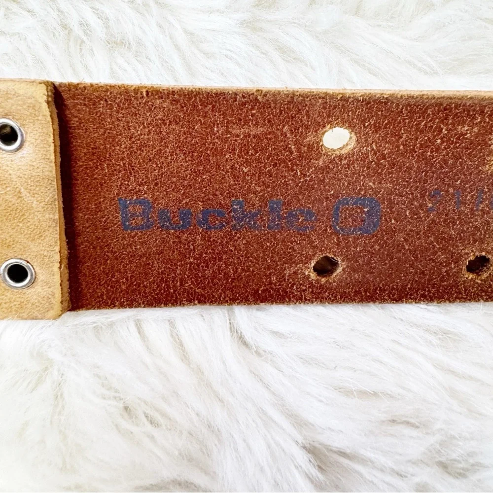 VINTAGE The Buckle Y2K Wide Tan Leather Belt Size XL Tooled Cutout Boho Festival